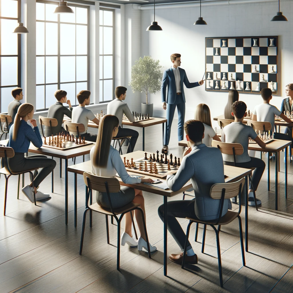 DALL·E 2024-03-14 16.43.44 - A scene depicting a chess teacher teaching chess to a group of students in a classroom. The classroom is bright and modern, filled with tables and cha